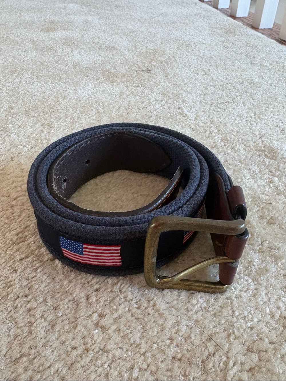 Male Navy American Flag Fabric Belt with Brass Buckle
